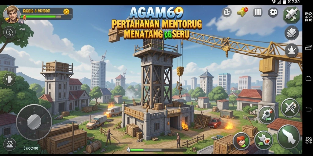 Screenshot utama AGAM69 menampilkan aksi seru pertahanan menara.
