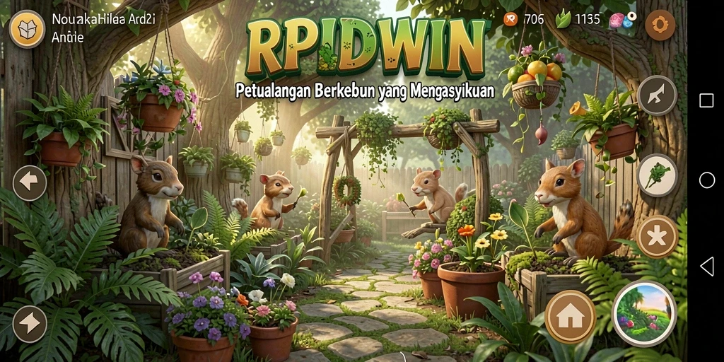 Tampilan gameplay yang menawan di RPIDWIN dengan kebun yang rimbun.