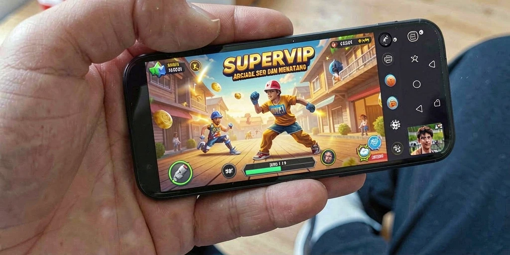 Tampilan gameplay SUPERVIP yang mendebarkan dan penuh warna.